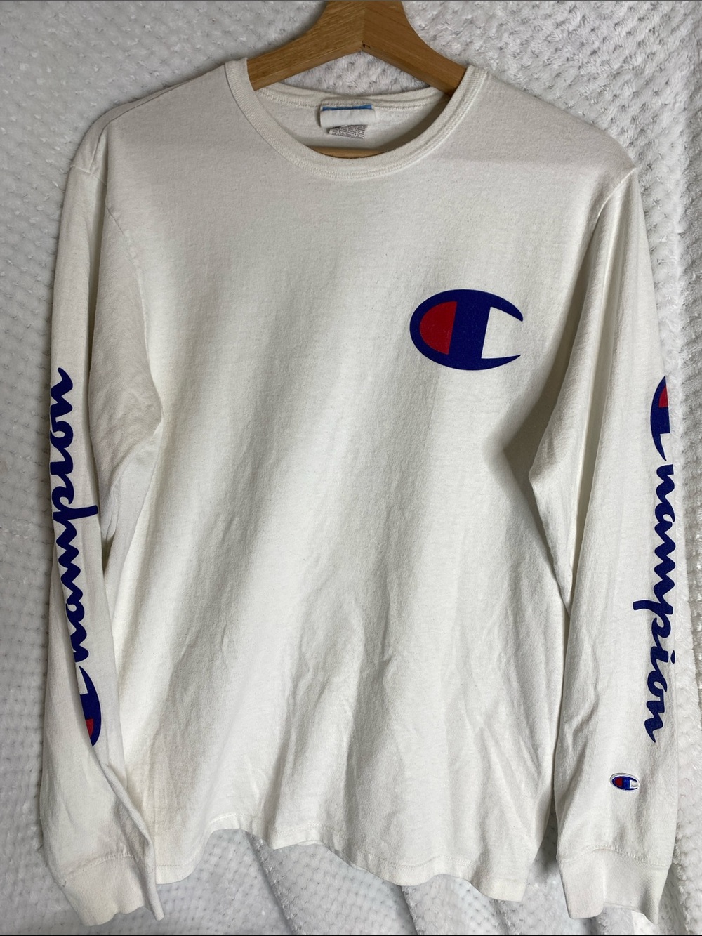 Vintage Champion White Long Sleeve Tee with Blue and Red Logo